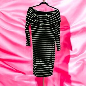 Black / White stripe midi length off the shoulder dress